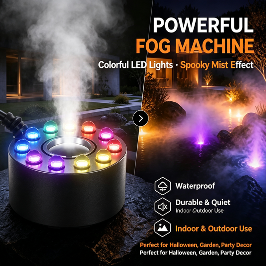 📢📢50% OFF !! ⏰Ultrasonic Mist Maker – 12 LED Colors, Safe 24V & Chemical-Free Fog – Perfect for Halloween & Decor 🌫️