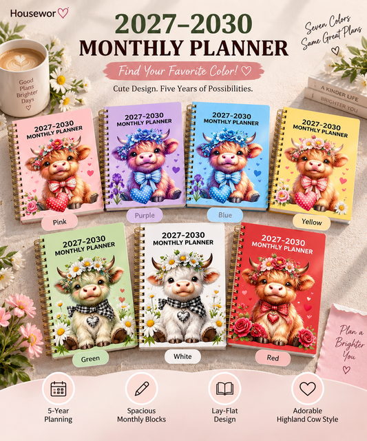 🐮 2026–2030 Monthly Planner ✨ Cute Highland Cow 5-Year Calendar | Large Monthly Blocks for Long-Term Planning-B3