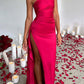 Fits Your Curves Satin One Shoulder Drape Slit Maxi Dress