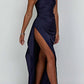 Fits Your Curves Satin One Shoulder Drape Slit Maxi Dress