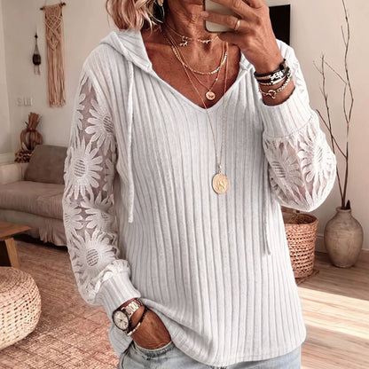 🔥LAST DAY SALE ONLY￡17.99!!🌿Women's Chic Lace Sleeve Hooded Sweater